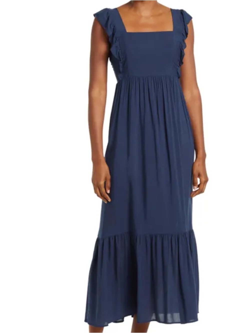 LOVE ADY Square-Neck Ruffle Strap Maxi Dress in Navy